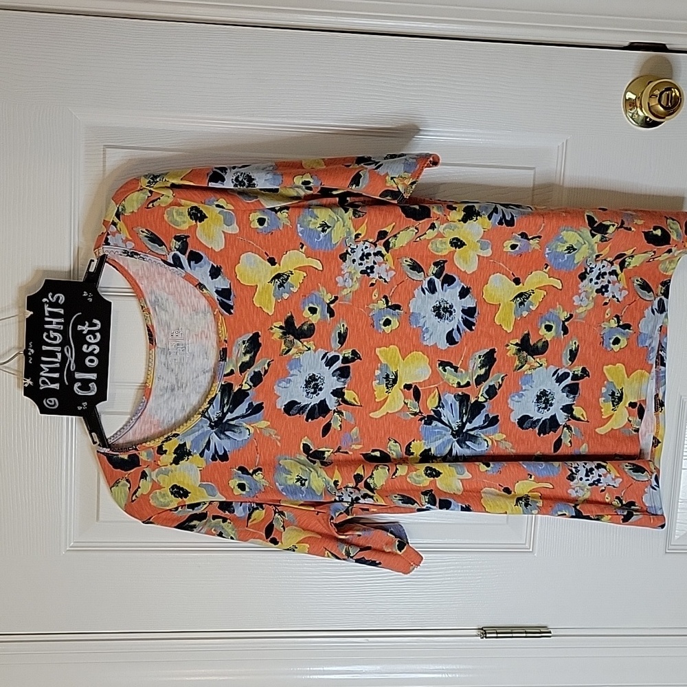 Time and Tru XL Short Sleeve Shirt Orange Blue Green White Navy Floral